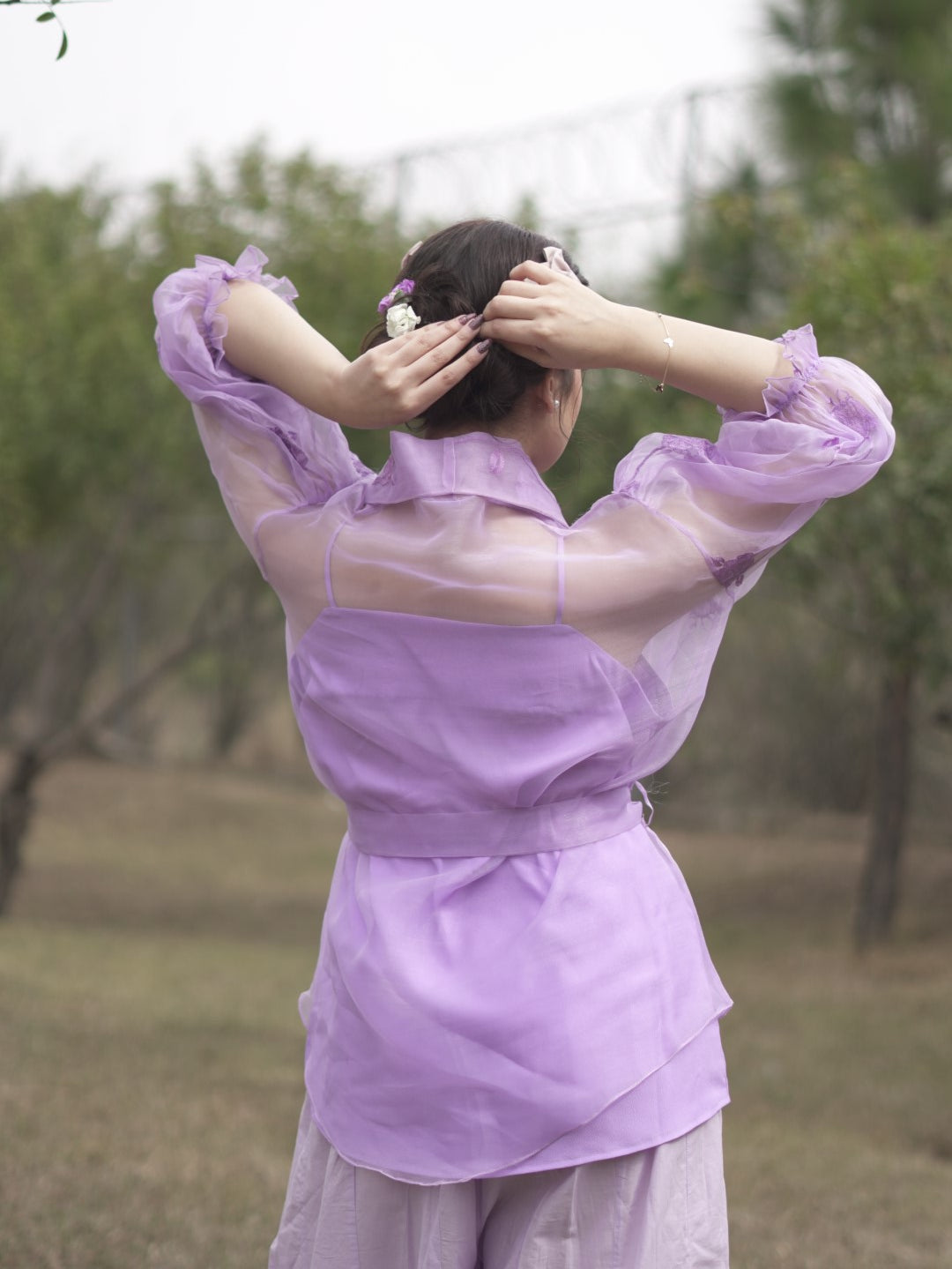 Ethereal Lavender Sheer Sleeve Top with Floral Embroidery Jogipk